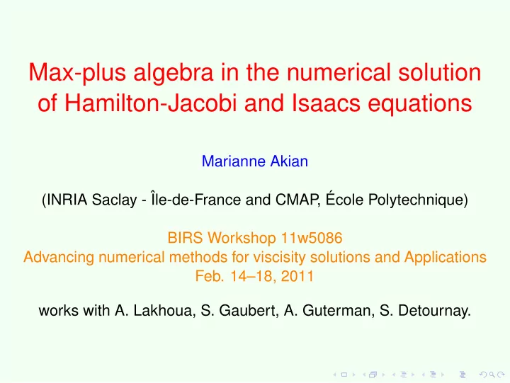 max plus algebra in the numerical solution of hamilton