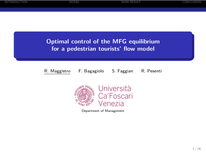 optimal control of the mfg equilibrium for a pedestrian
