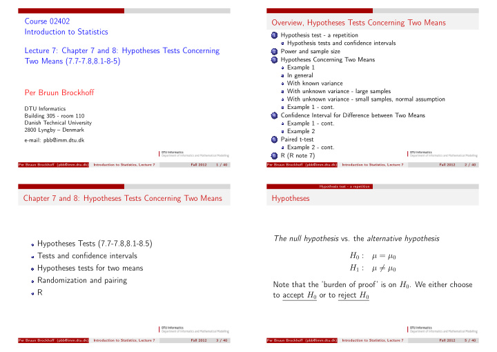 course 02402 overview hypotheses tests concerning two