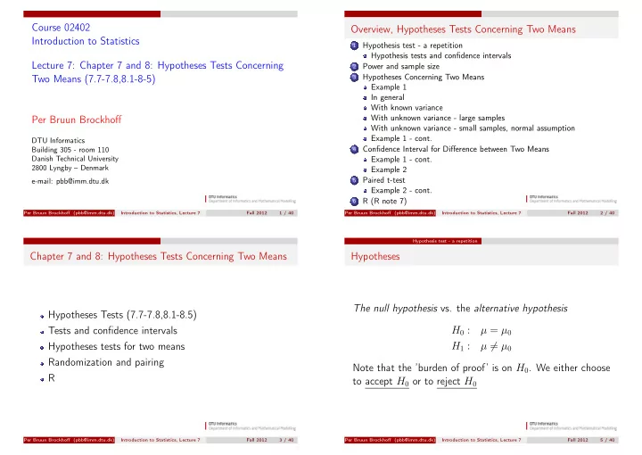 course 02402 overview hypotheses tests concerning two