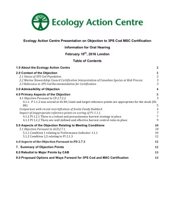 Ecology Action Centre Presentation on Objection to 3PS Cod MSC Certification  Information for Oral