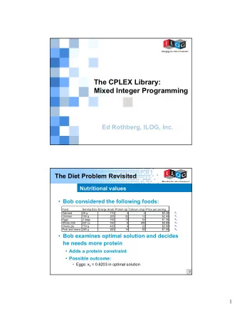The CPLEX Library:  Mixed Integer Programming  Ed Rothberg, ILOG, Inc.  1  The Diet Problem