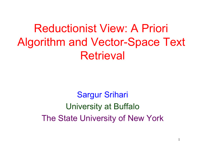 reductionist view a priori algorithm and vector space