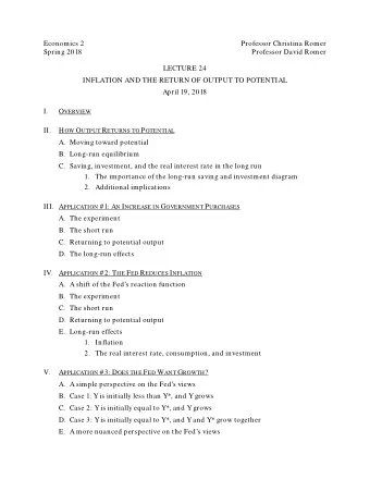 Economics 2  Professor Christina Romer  Spring 2018  Professor David Romer  LECTURE 24  INFLATION