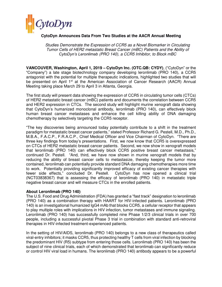 cytodyn announces data from two studies at the aacr
