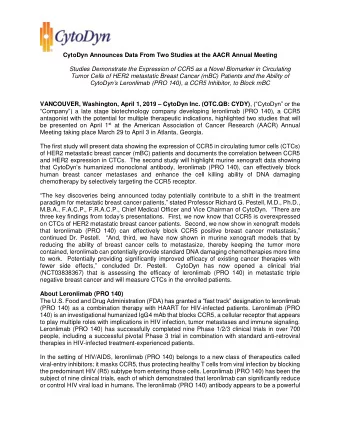 CytoDyn Announces Data From Two Studies at the AACR Annual Meeting  Studies Demonstrate the