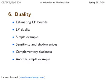 6. Duality  Estimating LP bounds  LP duality  Simple example  Sensitivity and shadow