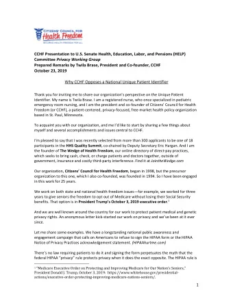 CCHF Presentation to U.S. Senate Health, Education, Labor, and Pensions (HELP) Committee Privacy