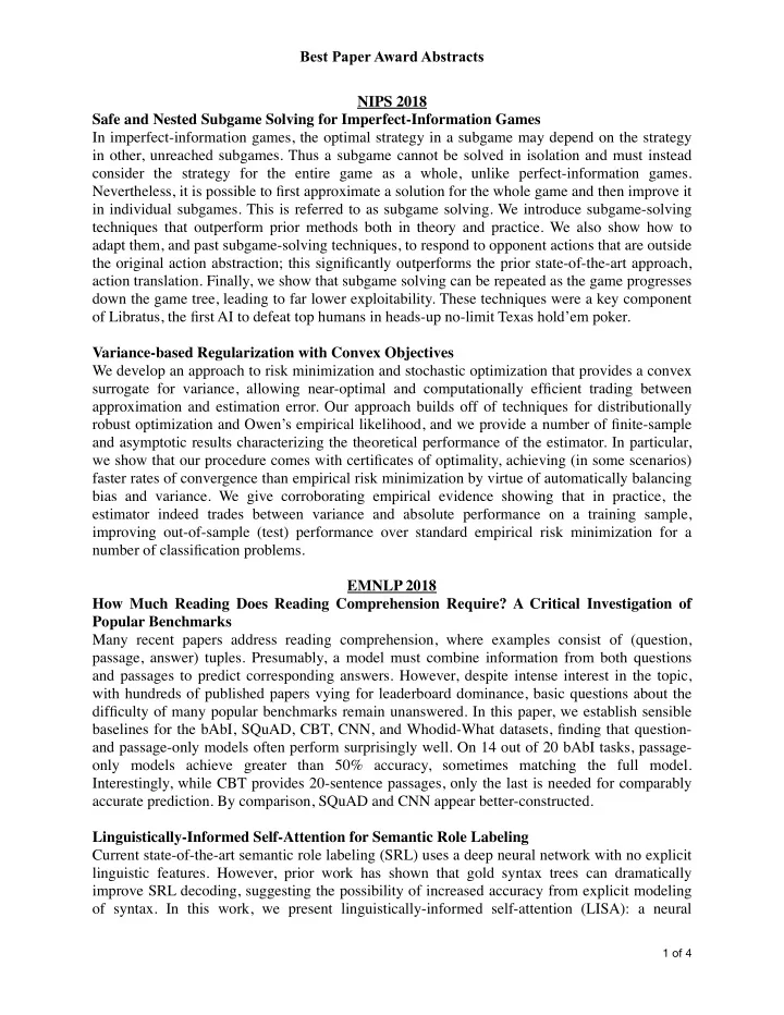 best paper award abstracts nips 2018 safe and nested