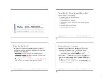 What Do We Want AI and ML to Do? } Short answer:  Lots of things! } Intelligent robot and vehicle