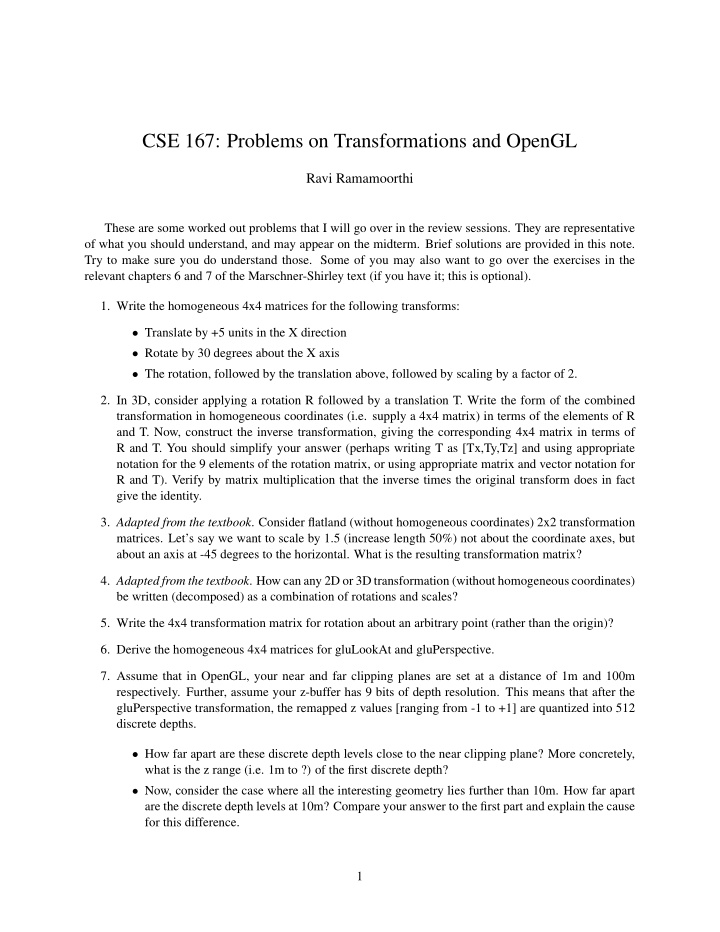 cse 167 problems on transformations and opengl