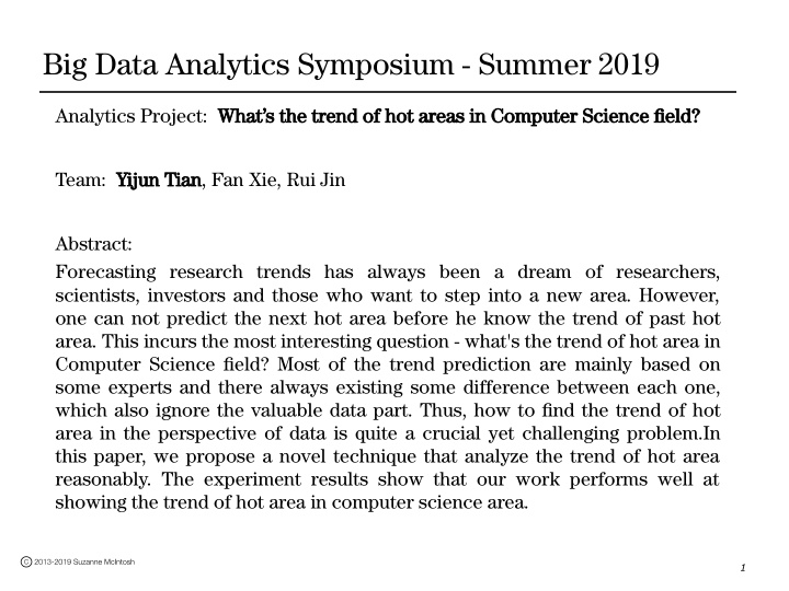 big data analytics symposium summer 2019