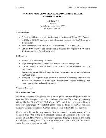 SAWS SSO REDUCTION PROGRAM AND CONSENT DECREE:  LESSONS LEARNED  Jeff Haby, P.E.  Director  Sewer