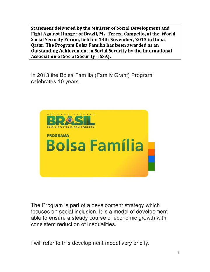 association of social security issa in 2013 the bolsa fam