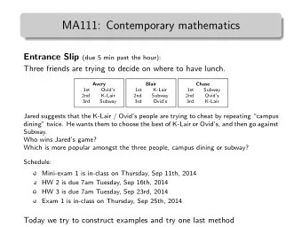MA111: Contemporary mathematics Entrance Slip (due 5 min past the hour):  Three friends are trying