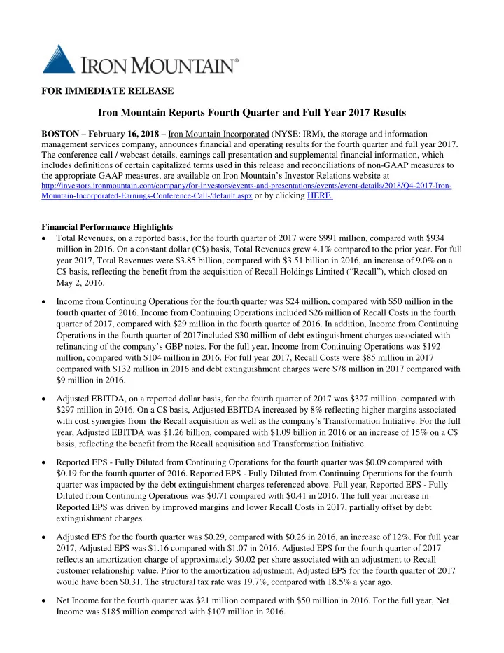 iron mountain reports fourth quarter and full year 2017