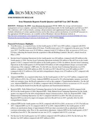 Iron Mountain Reports Fourth Quarter and Full Year 2017 Results BOSTON  February 16, 2018