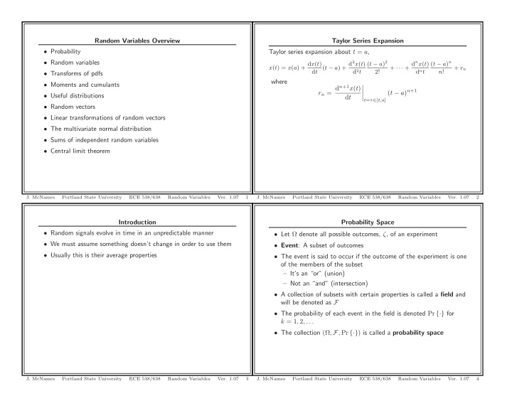 random variables overview taylor series expansion