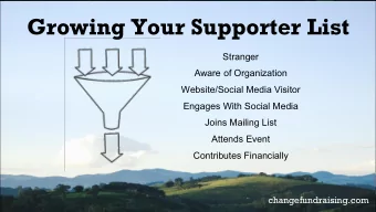 Growing Your Supporter List  Stranger  Aware of Organization  Website/Social Media Visitor  Engages