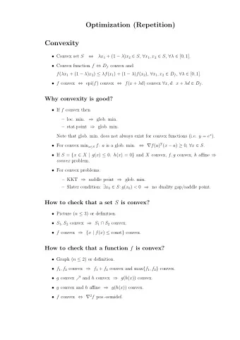Optimization (Repetition)  Convexity  Convex set S   x 1 + (1   ) x 2  S ,  x 1