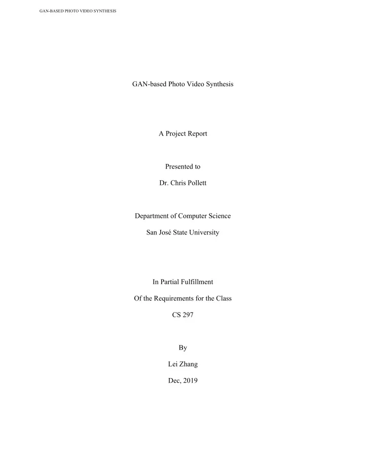 a project report presented to dr chris pollett department