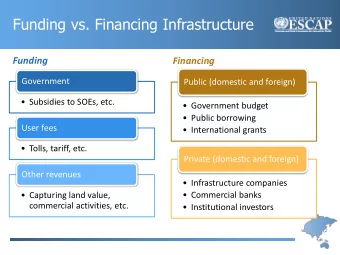 Funding vs. Financing Infrastructure  Funding  Financing  Government  Public (domestic and foreign)