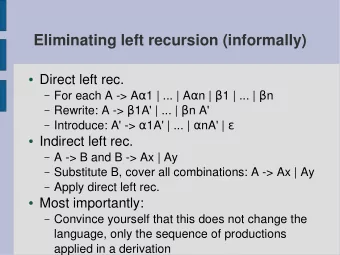 Eliminating left recursion (informally)  Direct left rec.  For each A -&gt; A  1 | ... | A