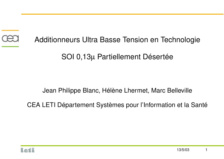 additionneurs ultra basse tension en technologie soi 0 13