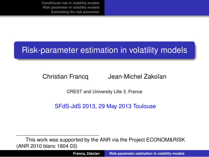 risk parameter estimation in volatility models