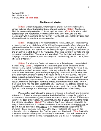 Sermon #241  Rev. 5:6-14; Acts 2  May 20, 2018 Title slide, slide 1  The Universal Mission (Slide