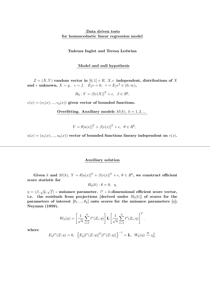 data driven tests for homoscedastic linear regression