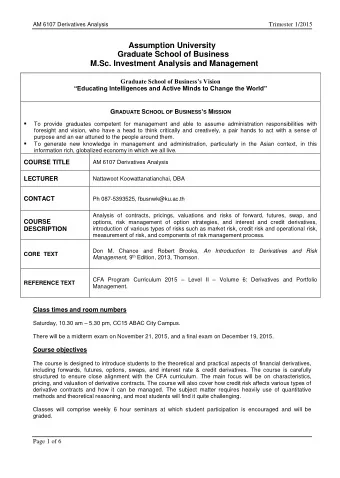 Assumption University  Graduate School of Business  M.Sc. Investment Analysis and Management