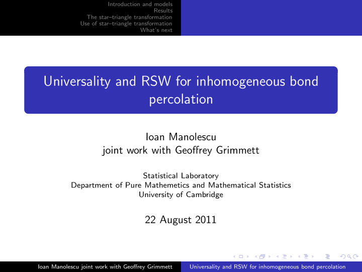 universality and rsw for inhomogeneous bond percolation