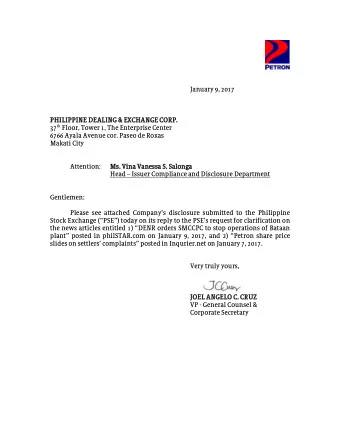 January 9, 2017  PHIL  PHILIPP  IPPIN  INE D  E DEAL  EALIN  ING &amp; E  &amp; EXCHAN  XCHANGE CO