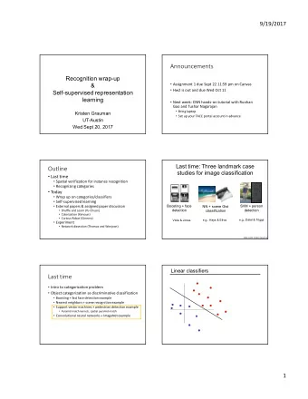 Announcements  Recognition wrap-up  Assignment 1 due Sept 22 11:59 pm on Canvas  &amp;  Hw2