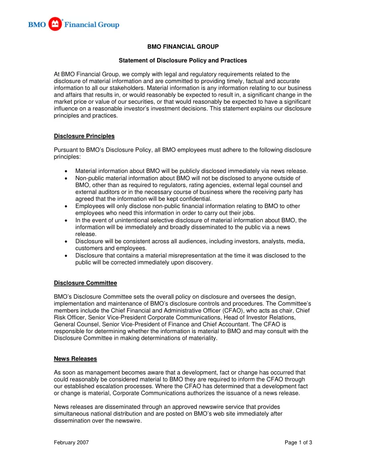 bmo financial group statement of disclosure policy and