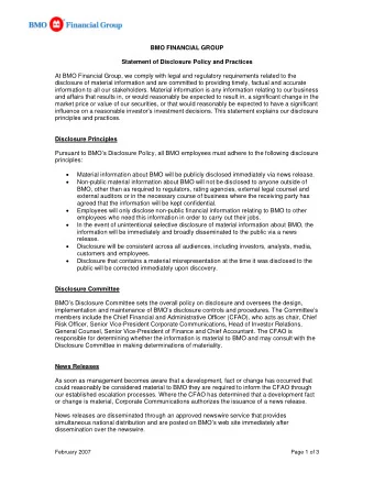 BMO FINANCIAL GROUP  Statement of Disclosure Policy and Practices  At BMO Financial Group, we