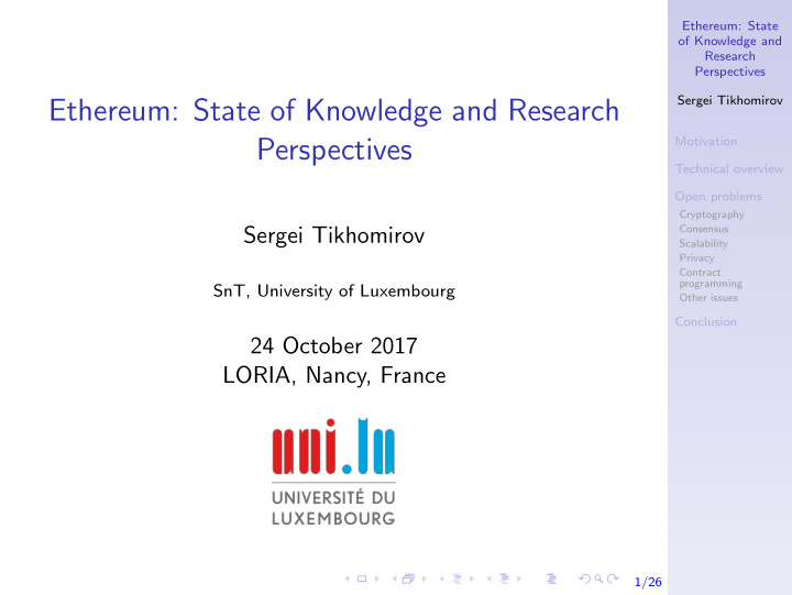 ethereum state of knowledge and research perspectives