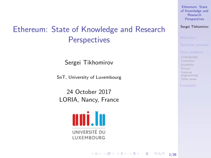 ethereum state of knowledge and research perspectives