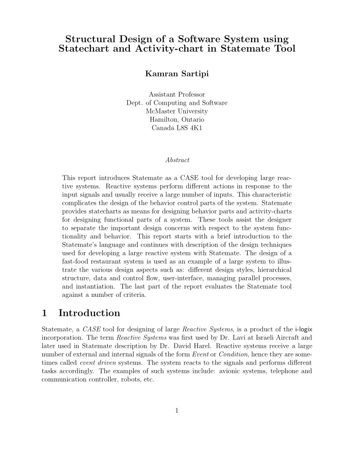 structural design of a software system using statechart