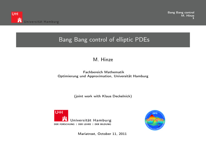 bang bang control of elliptic pdes