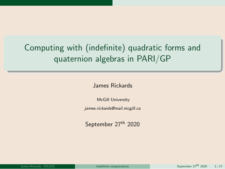 computing with indefinite quadratic forms and quaternion