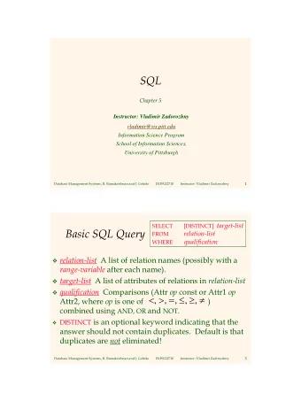 SQL  Chapter 5  Instructor: Vladimir Zadorozhny  vladimir@sis.pitt.edu  Information Science Program