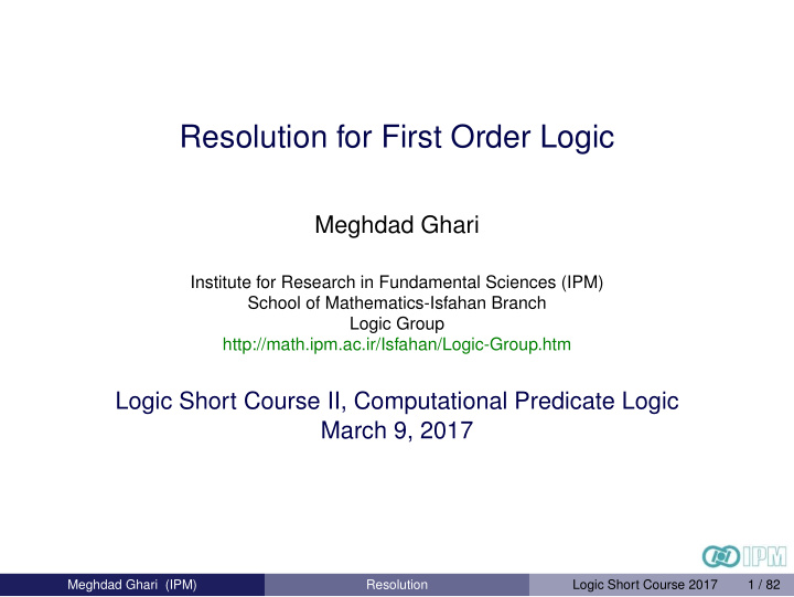 resolution for first order logic