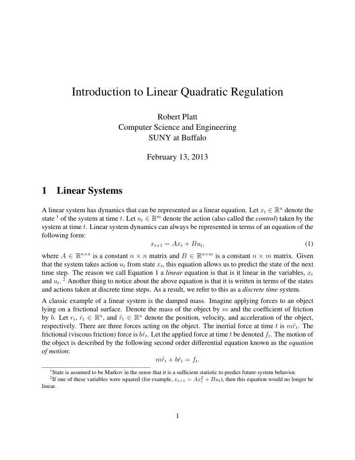 introduction to linear quadratic regulation