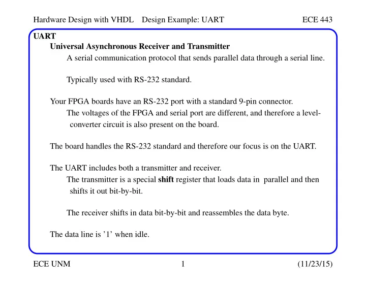 hardware design with vhdl design example uart ece 443