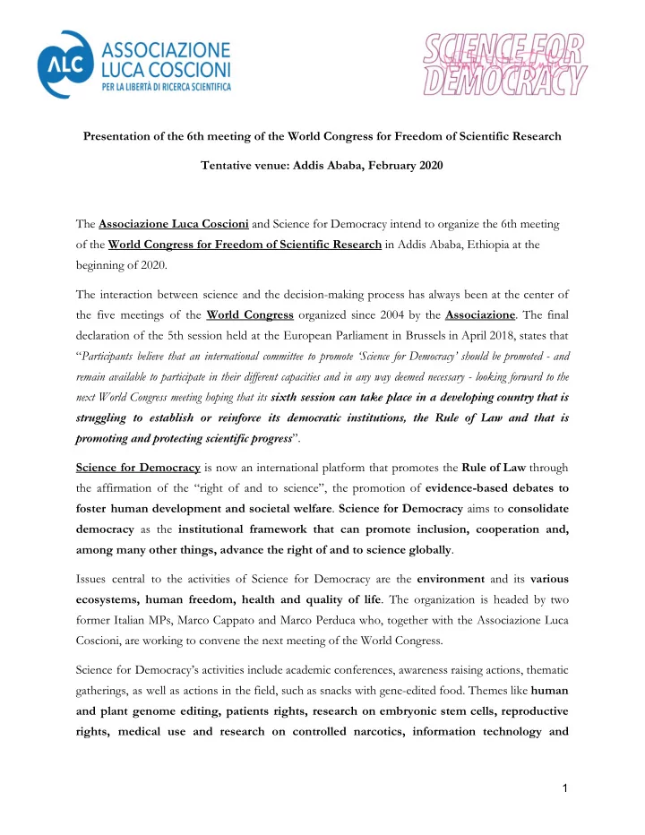 presentation of the 6th meeting of the world congress for