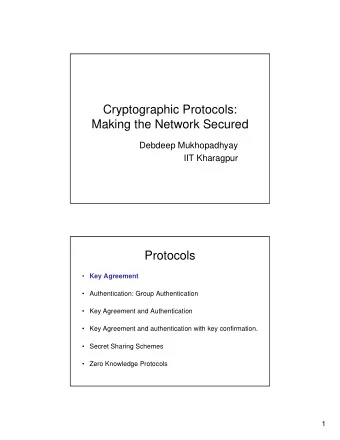 Cryptographic Protocols:  Making the Network Secured  Debdeep Mukhopadhyay  IIT Kharagpur
