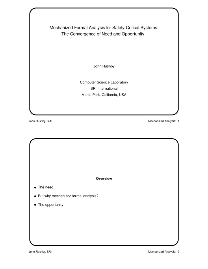 mechanized formal analysis for safety critical systems