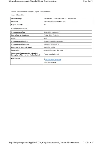 General Announcement::Singtel's Digital Transformation  Page 1 of 1  General